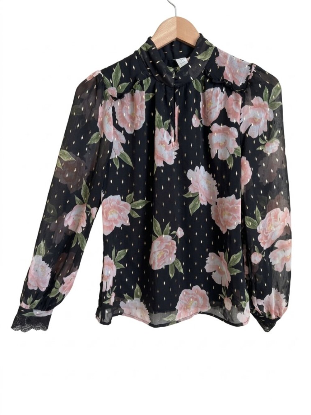 Joie Floral Blouse Metallic Gold Lace Cuffs High Neck Sheer Sleeve Black XS